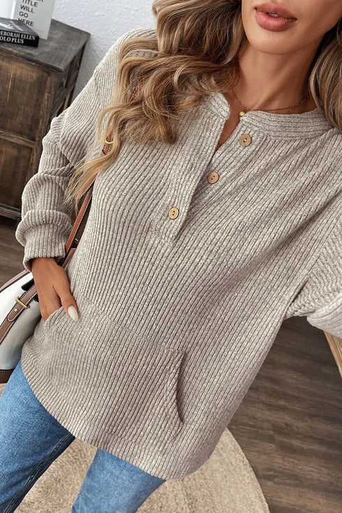 Ribbed Button Placket Banded Collar Drop Shoulder Henley Top